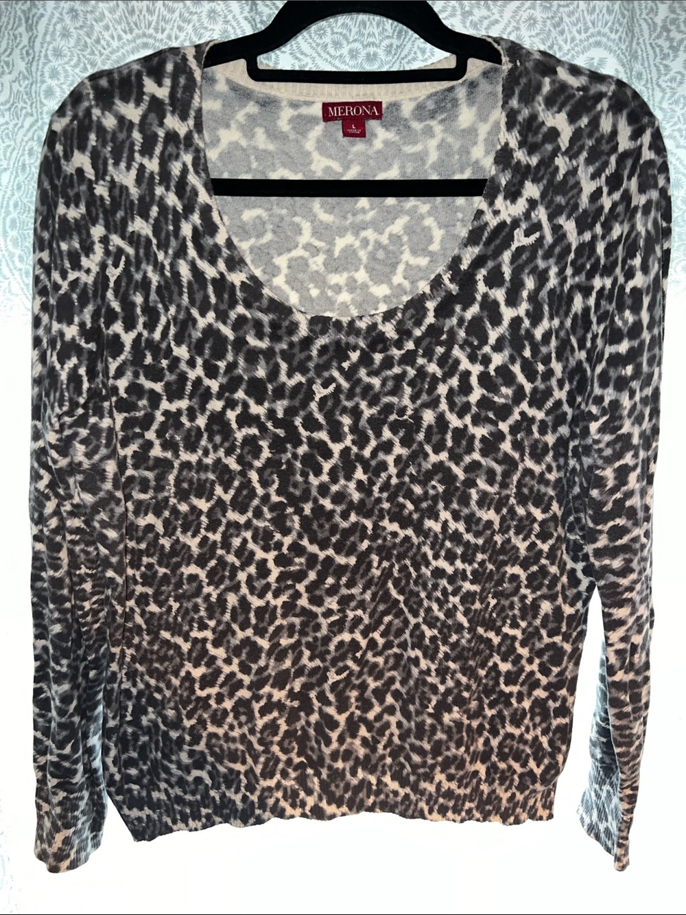 Merona Black and Cream Leopard-Print Long Sleeve Scoop Neck Top
